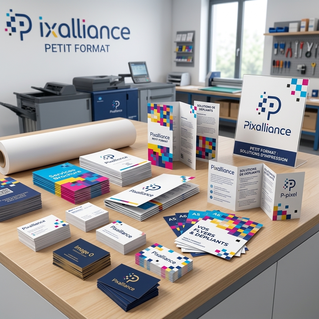 Exemples d'impression petit format Pixalliance : cartes de visite, flyers, plaquettes et d&eacute;pliants