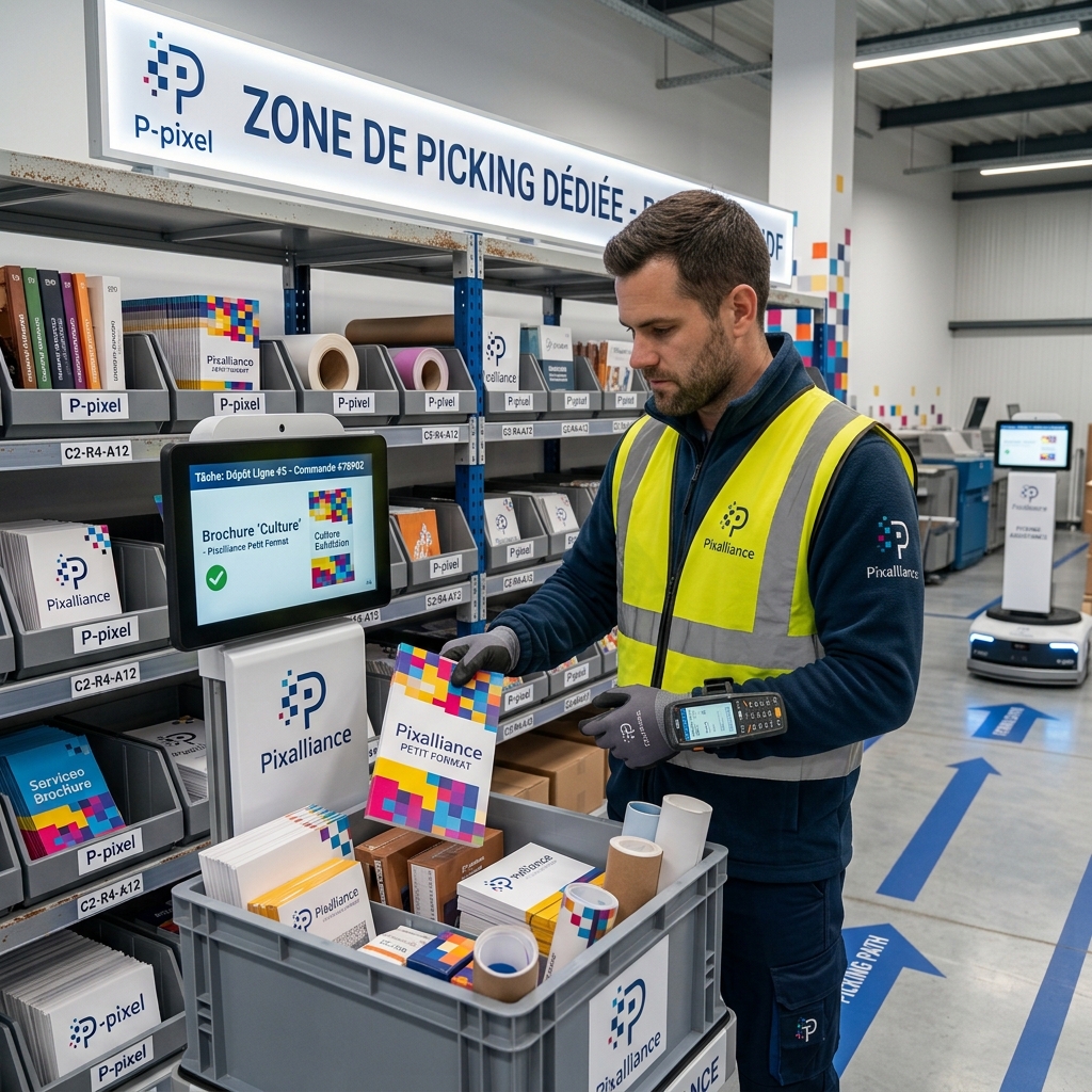 Zone de picking d&eacute;di&eacute;e Pixalliance : pr&eacute;paration de commandes en entrep&ocirc;t