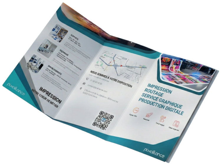 Plaquette commerciale Pixalliance présentant les services d'impression, routage et création graphique