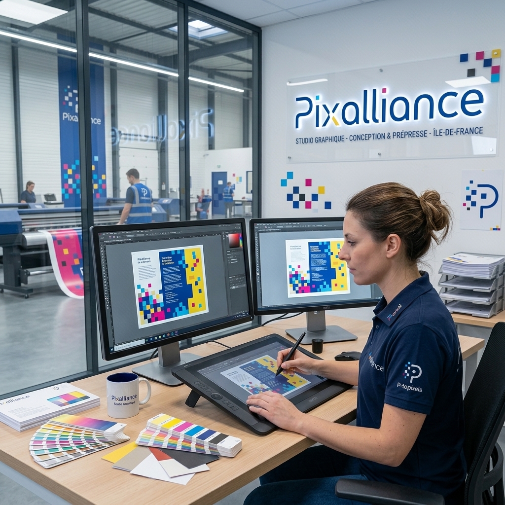 Poste de cr&eacute;ation du studio graphique Pixalliance, double &eacute;cran avec maquettes en cours