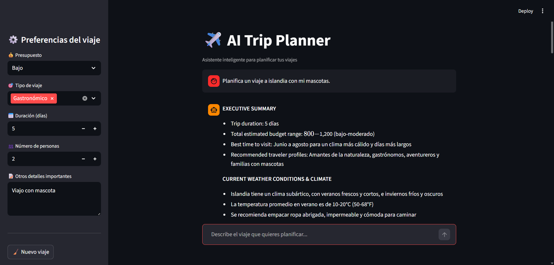 AI Trip Planner Interface
