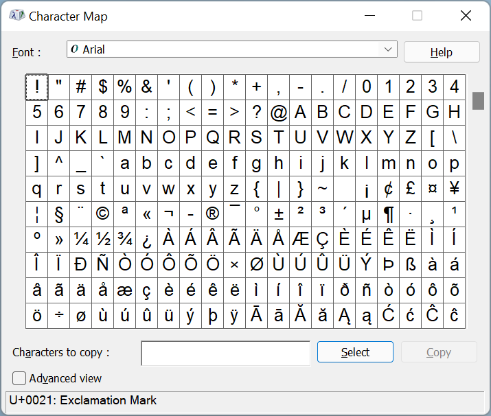 Screenshot of Character Map