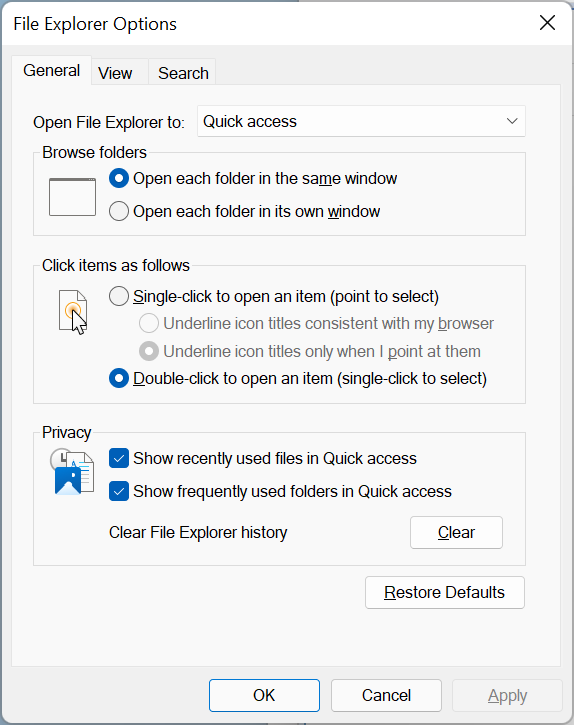 Screenshot of File Explorer Options