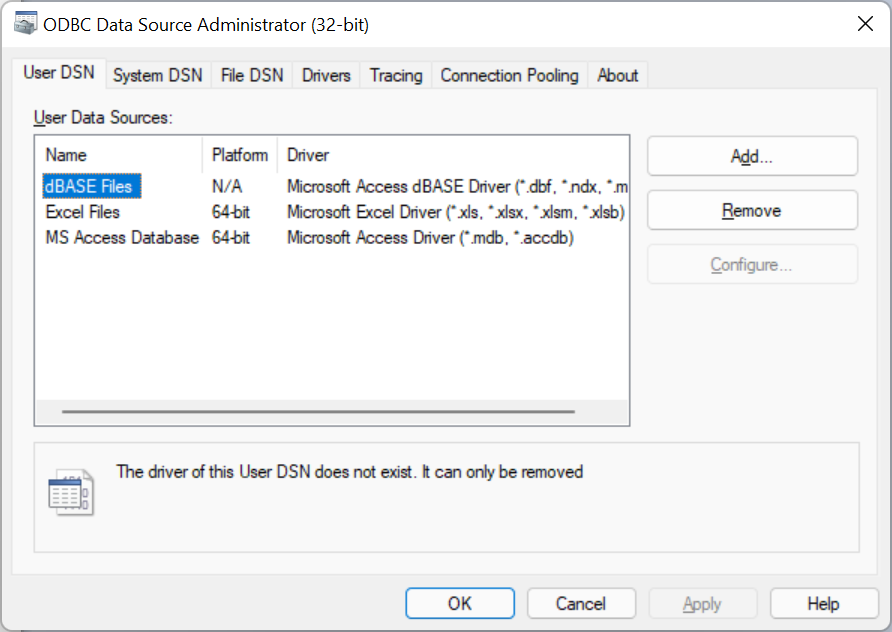Screenshot of ODBC settings panel