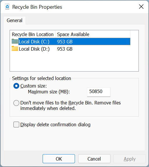 Screenshot of Recycle Bin options