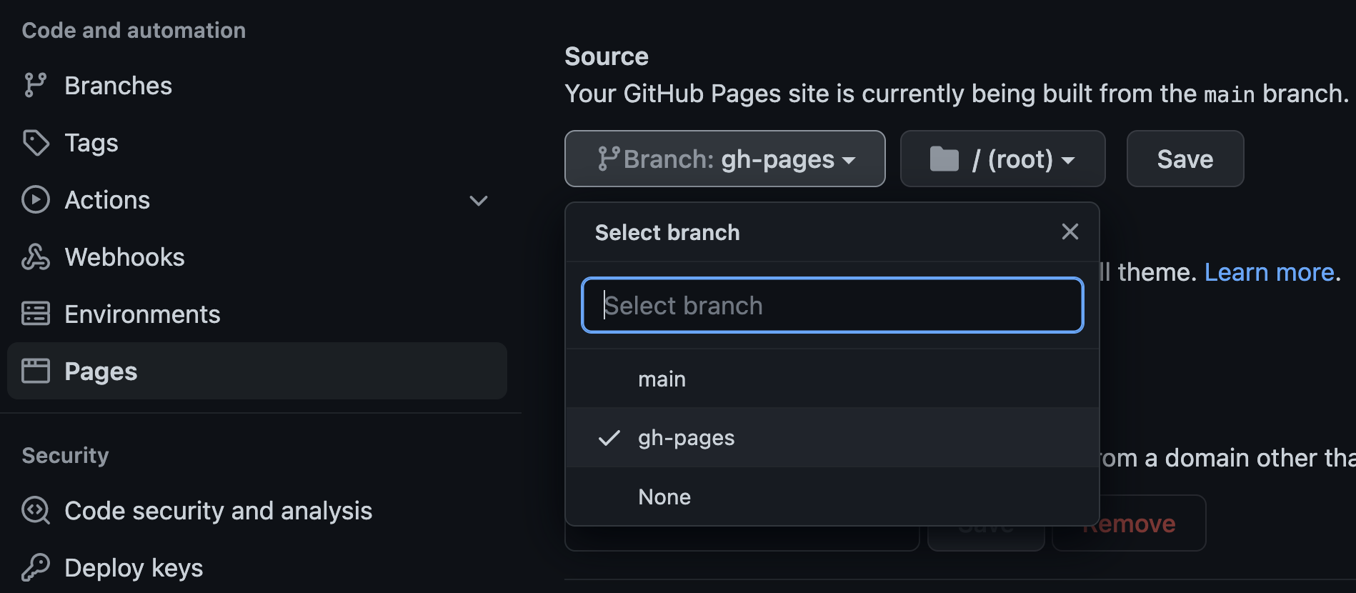 gh-pages as source branch