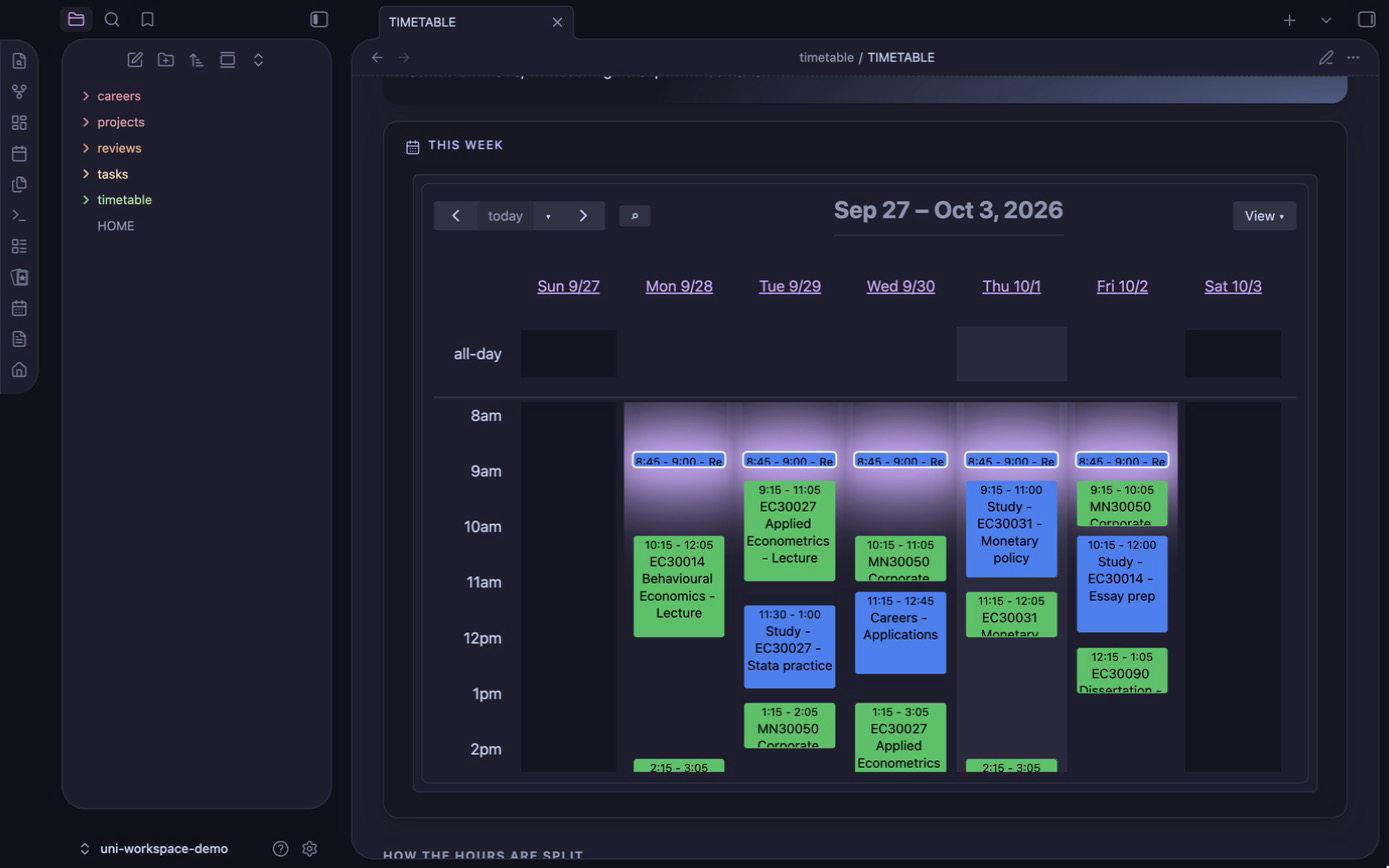 Study timetable: lectures and study blocks in a week grid