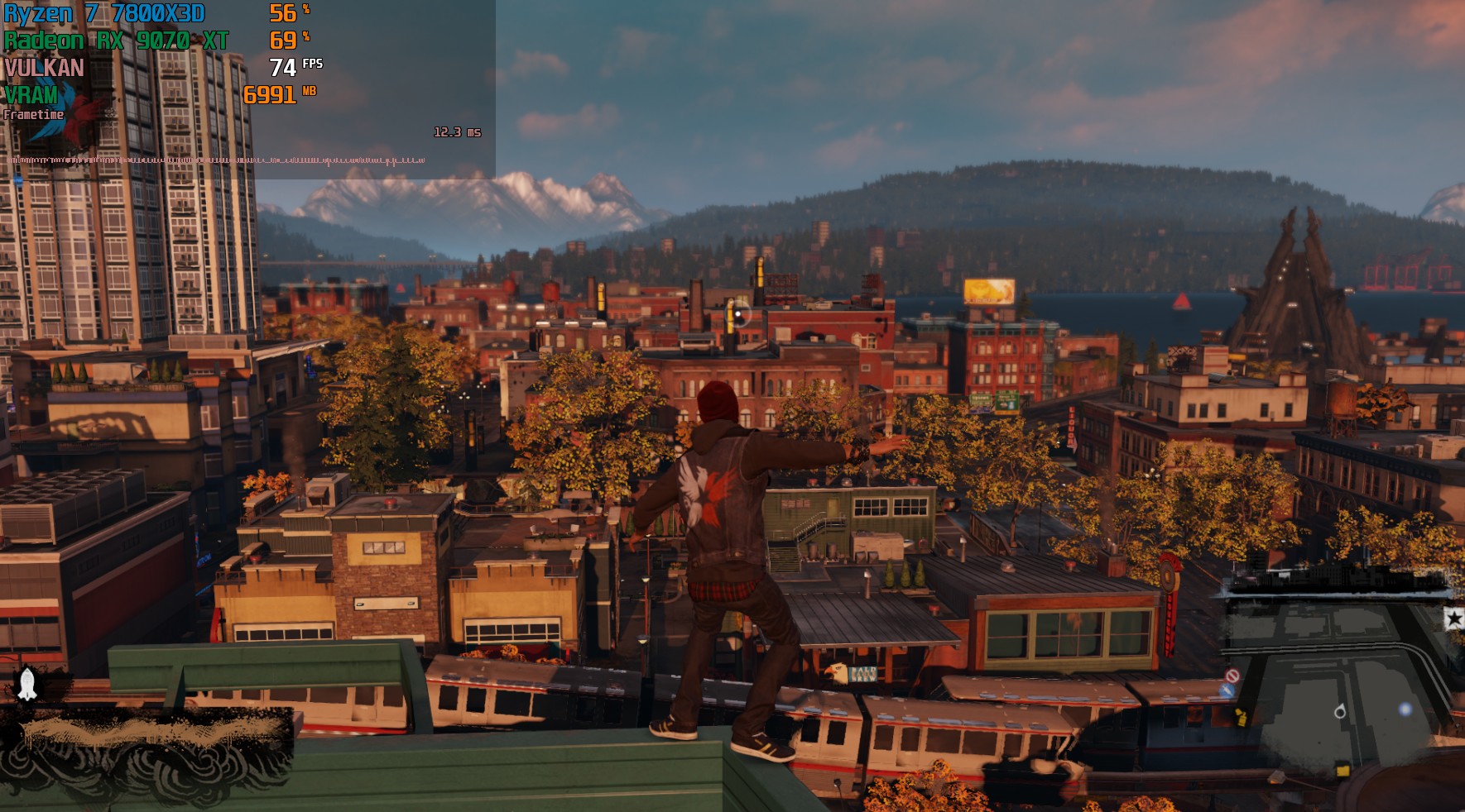 Seattle rooftops at 74 FPS on a 75 Hz display