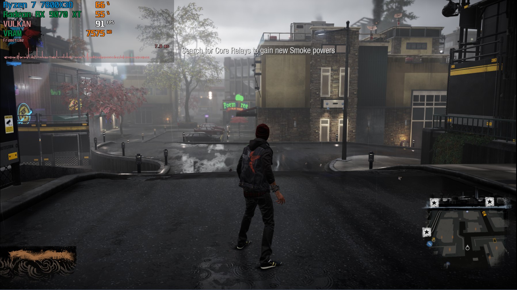 Seattle street in the rain, 91 FPS