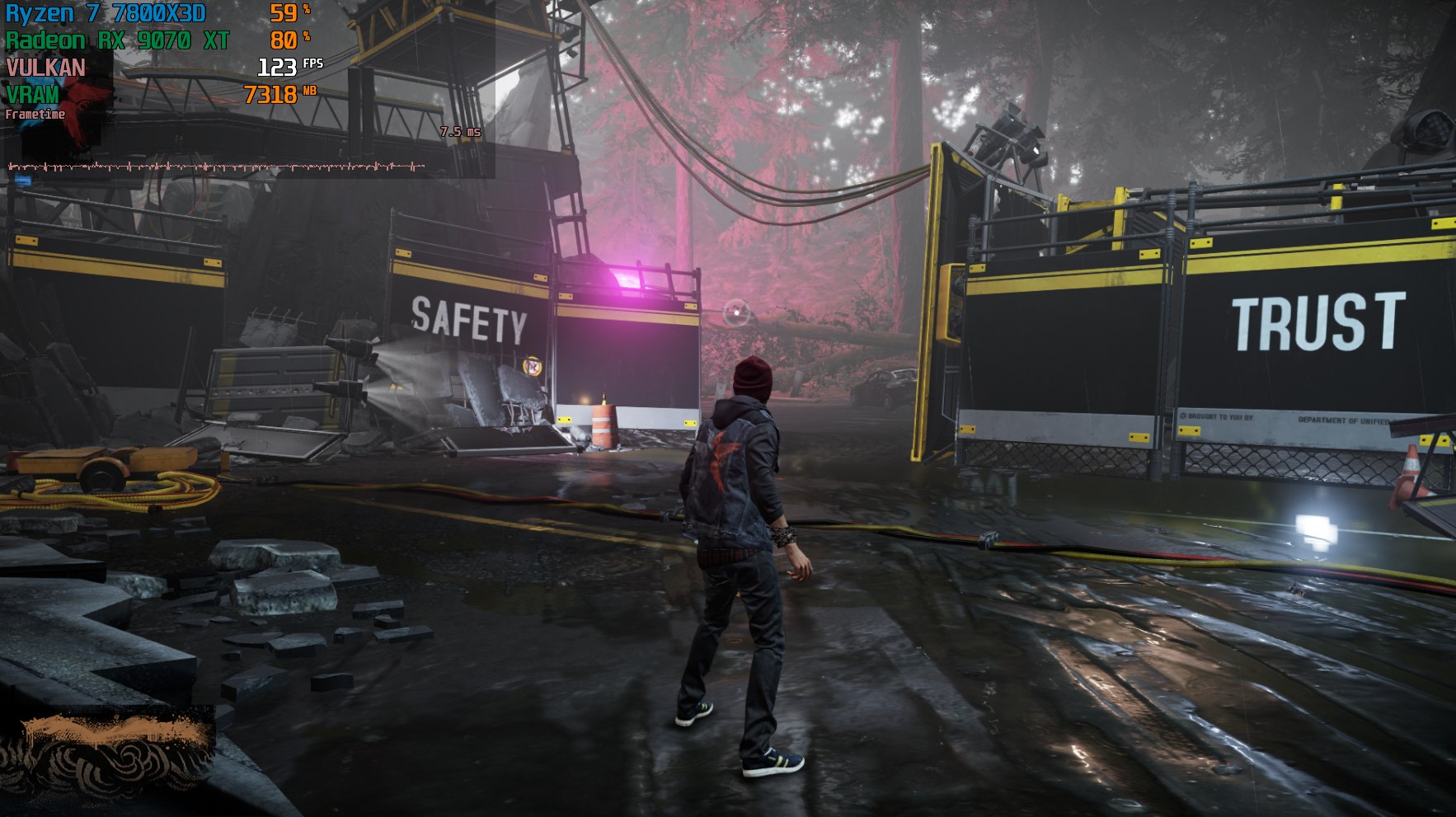 Delsin at a D.U.P. checkpoint in the forest, 123 FPS