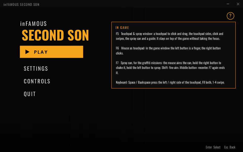 The launcher's main page with the in-game key guide