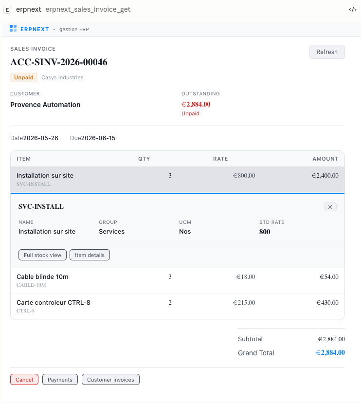 Invoice viewer with line items and actions