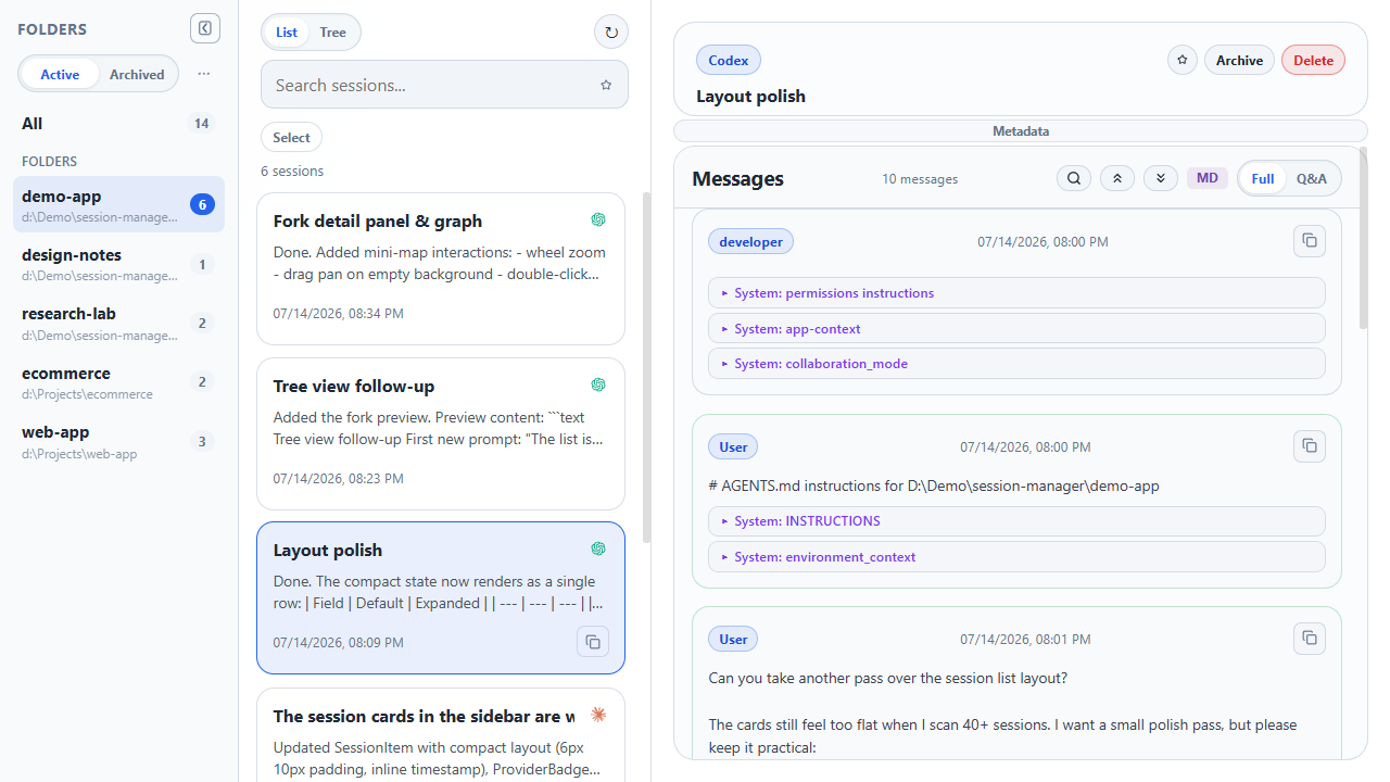 Session list overview