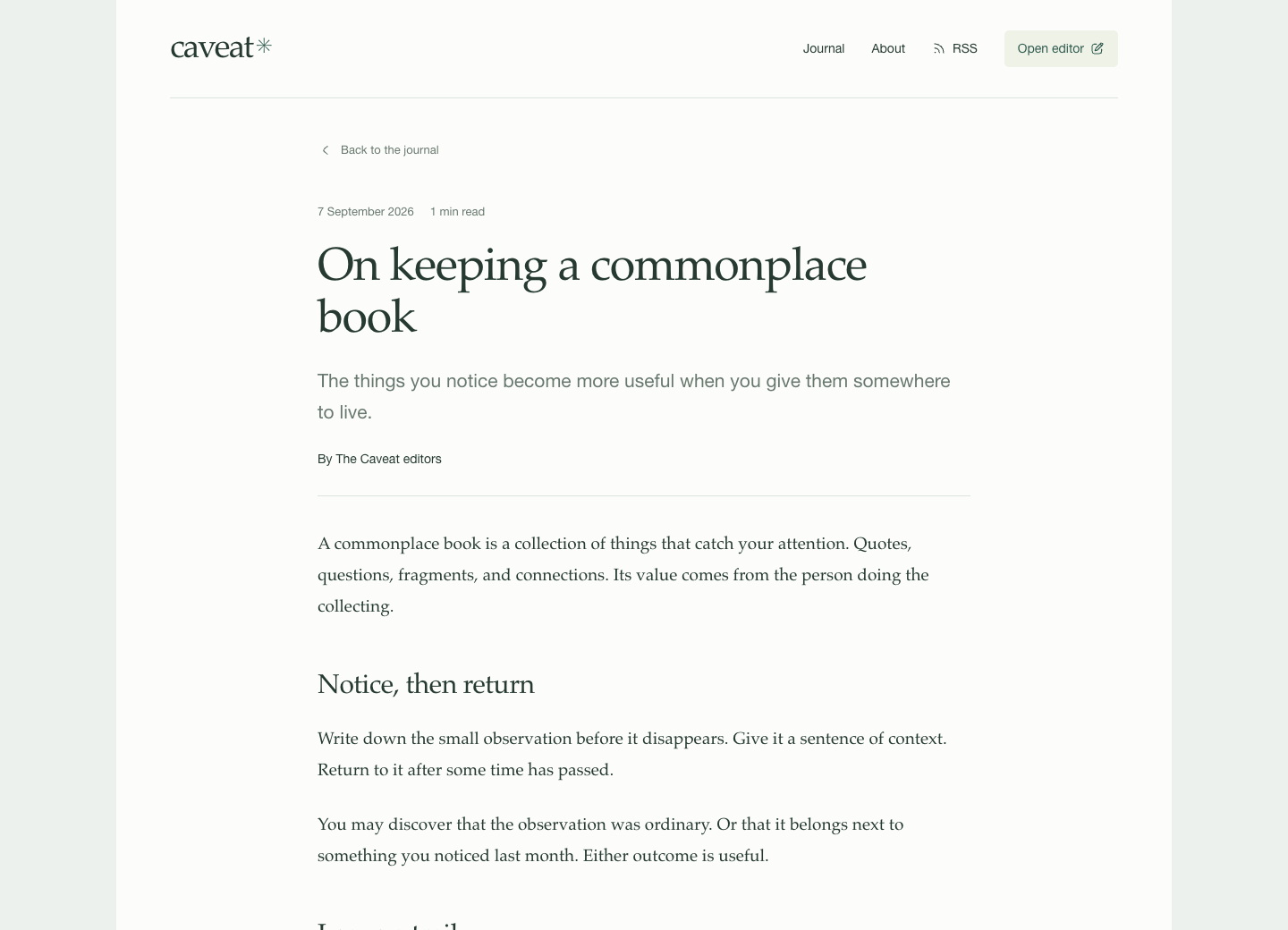 Caveat article page with its title, author, reading time, and essay typography