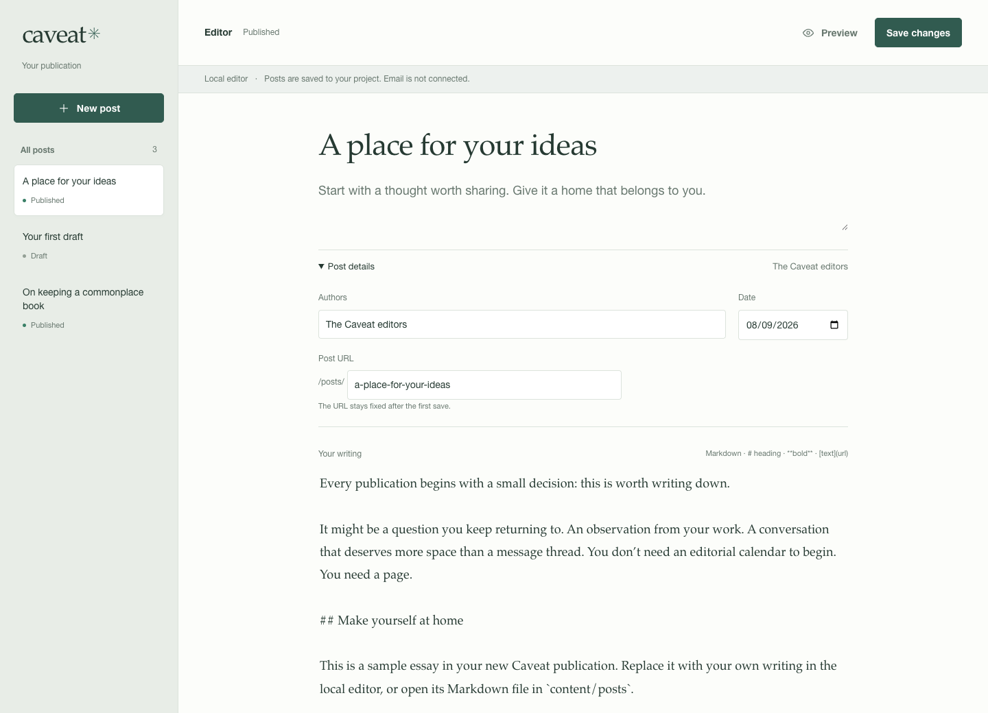 Caveat editor showing draft and published posts, author credits, date, URL, and Markdown writing