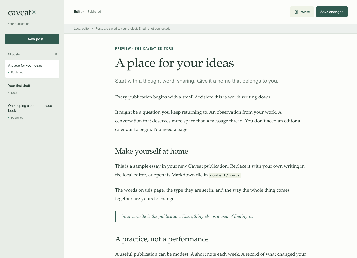 Caveat Markdown preview rendering an essay with headings, inline code, and a quotation