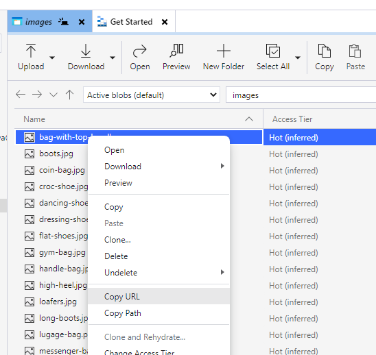 Copy blob URL in Storage Explorer