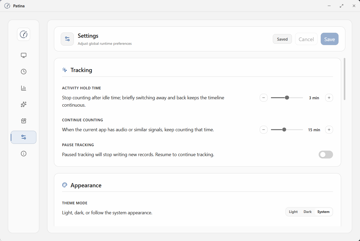 Settings page