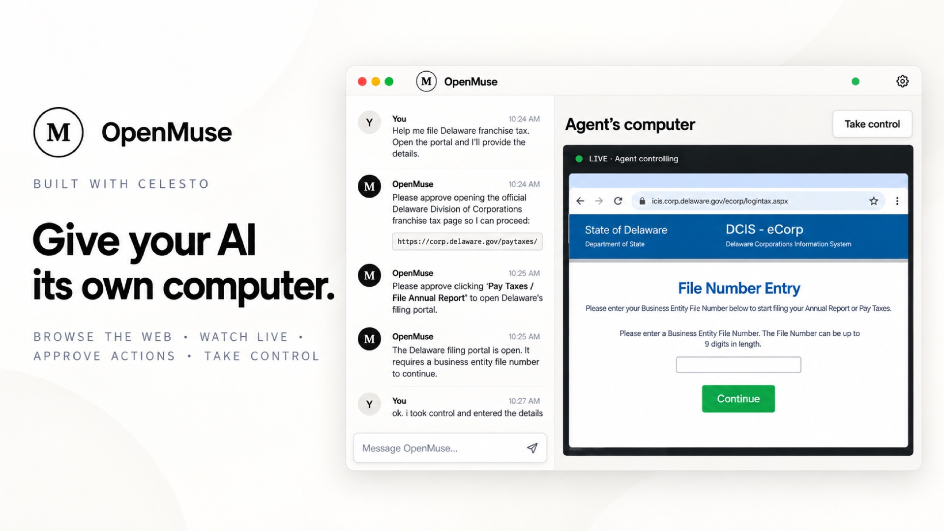 OpenMuse chatting with a user while operating a website in an isolated Celesto desktop