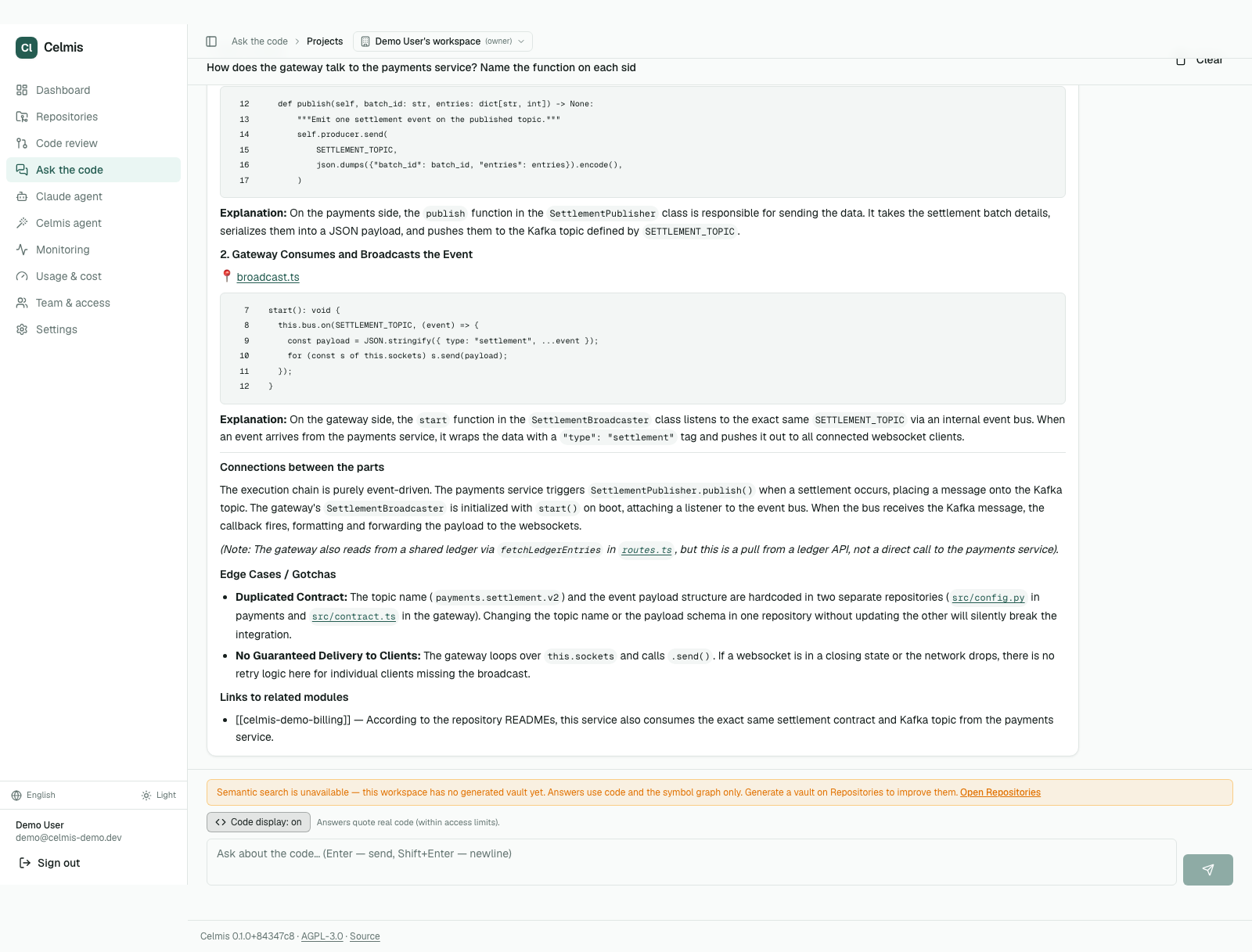 Ask the code, answering across two repositories