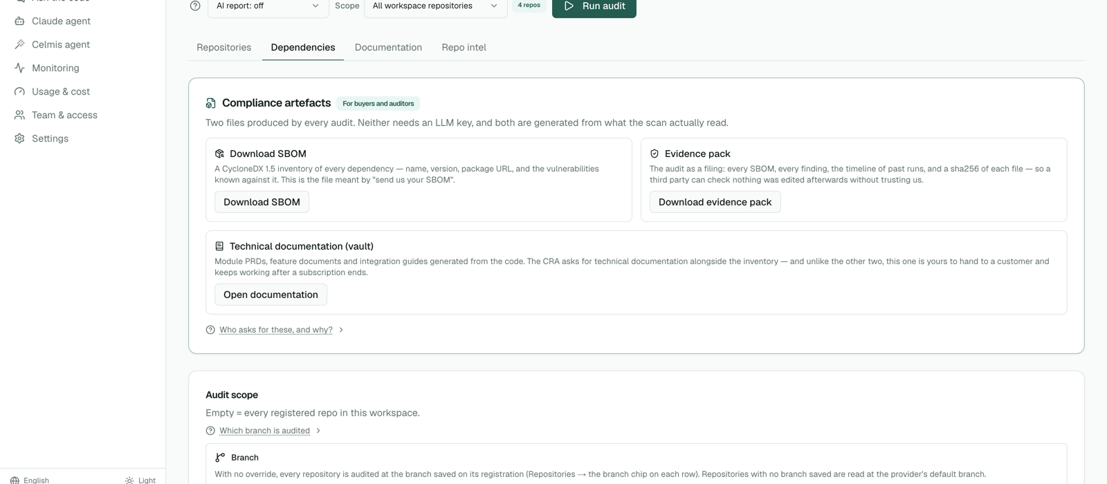 Compliance artefacts: SBOM, evidence pack, technical documentation