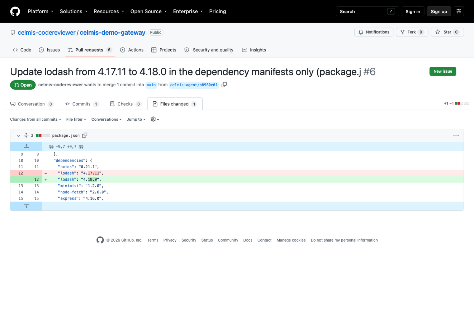 The pull request the agent opened, one line changed