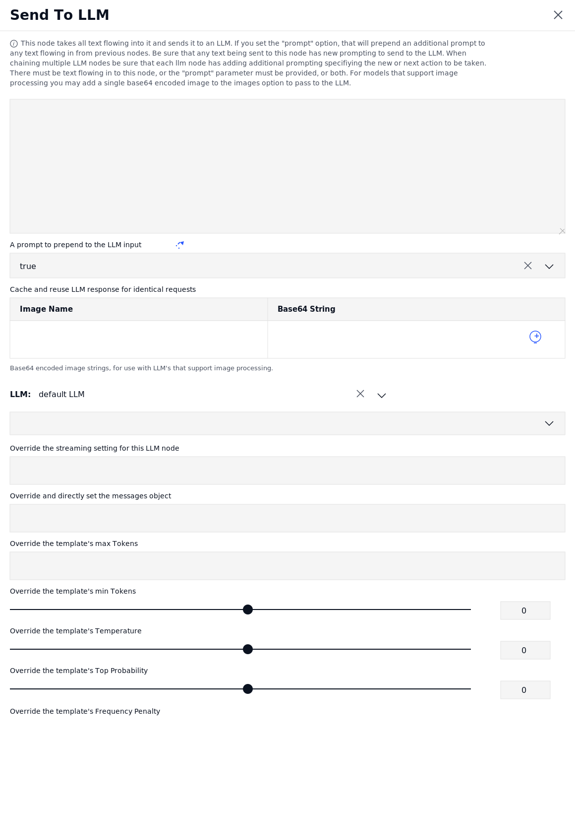 NeuralSeek mAIstro Send To LLM node showing prompt input, cache toggle, image inputs, LLM selector, and parameter overrides