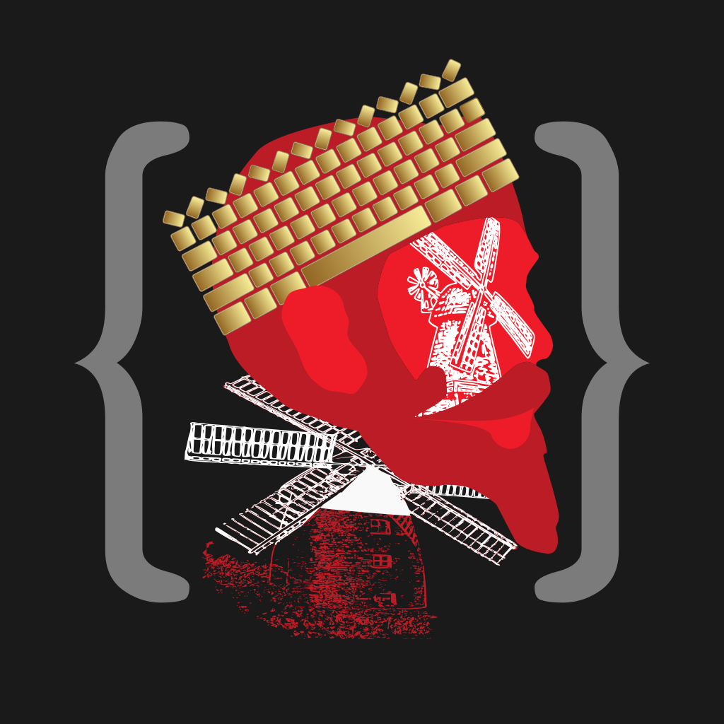 El logo e iconos de Çervantecs varían pero todos ellos tienen una cosa consistente en común, son un par de paréntesis de llave encapsulando objetos diversos que hacen referencia o evocan los dos temas principales: tecnología y poesía. El fondo es gris oscuro casi negro y las llaves son grices. Dentro, en este caso, podemos claramente ver hay un cuervo adjunto a la calavera que usa una corona hecha con la forma de un teclado de computadora. Las teclas función del teclado fueron parcialmente giradas a cuarto de vuelta izquierda y derecha intercaladas en pares y nones continuamente para todas las teclas función la cual es la fila superior para dar la forma de las puntas de la corona. Sólo al mirar de cerca a la calavera podemos distinguir una silueta negra que hace muy poco contraste con el fondo, ahí hay una cabeza alrededor de la calavera, el Rey está vivo.