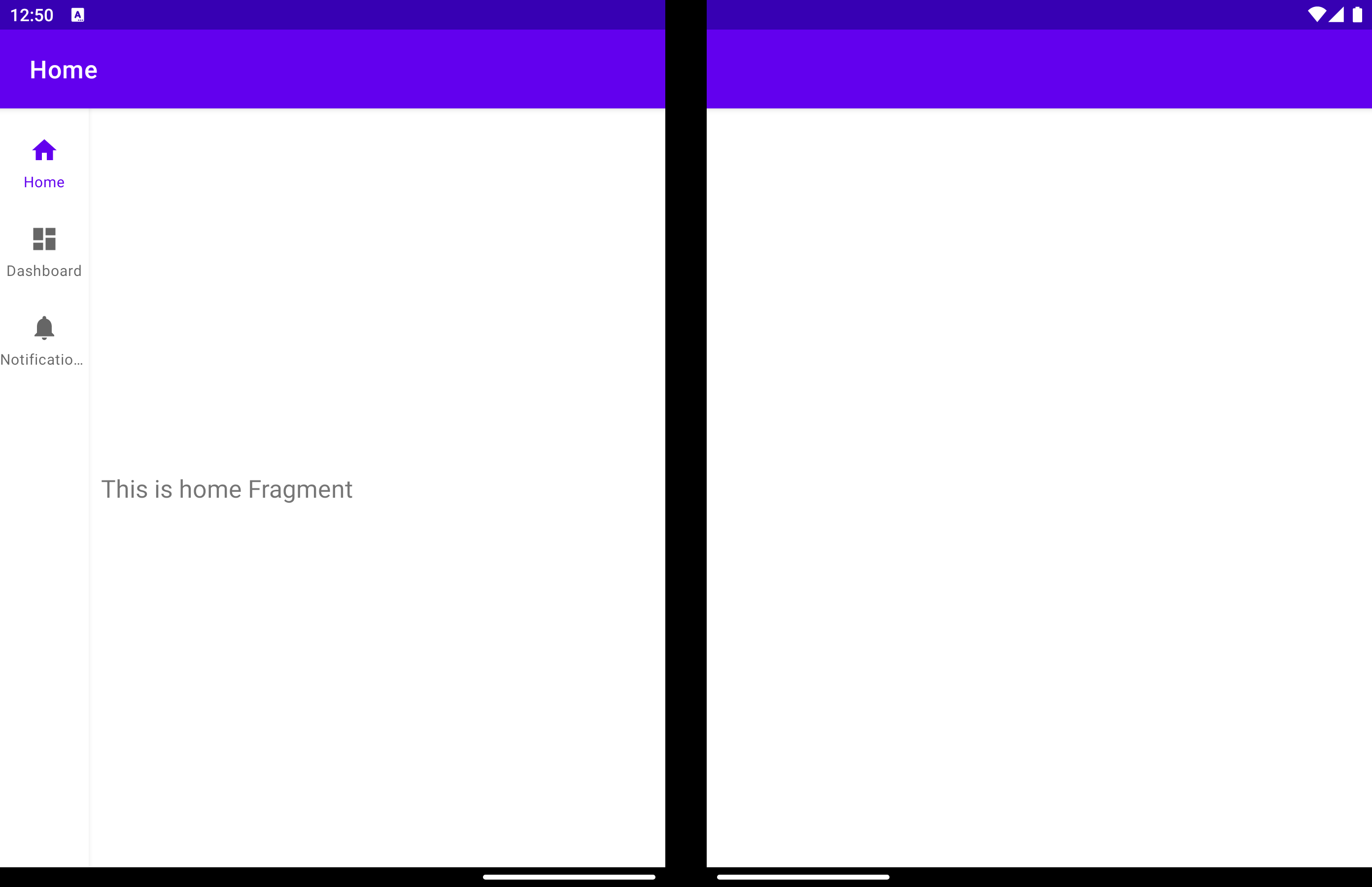 Surface Duo showing the app using NavigationRail when is spanned across displays