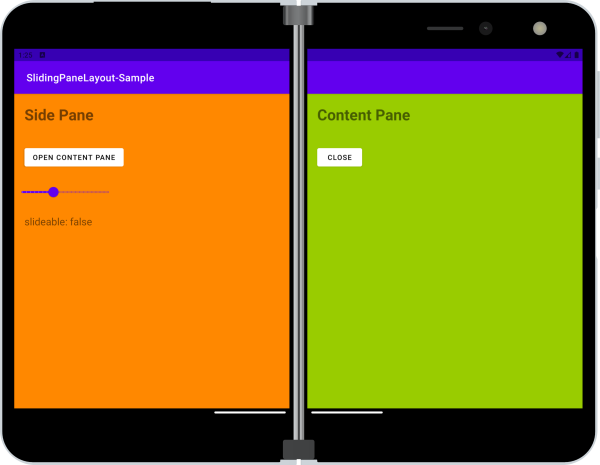 Surface Duo showing SlidingPane sample app on both screens