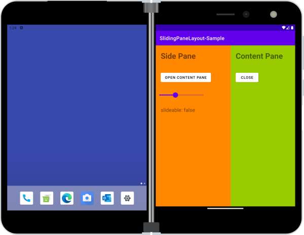 Surface Duo showing SlidingPane sample app on one screen