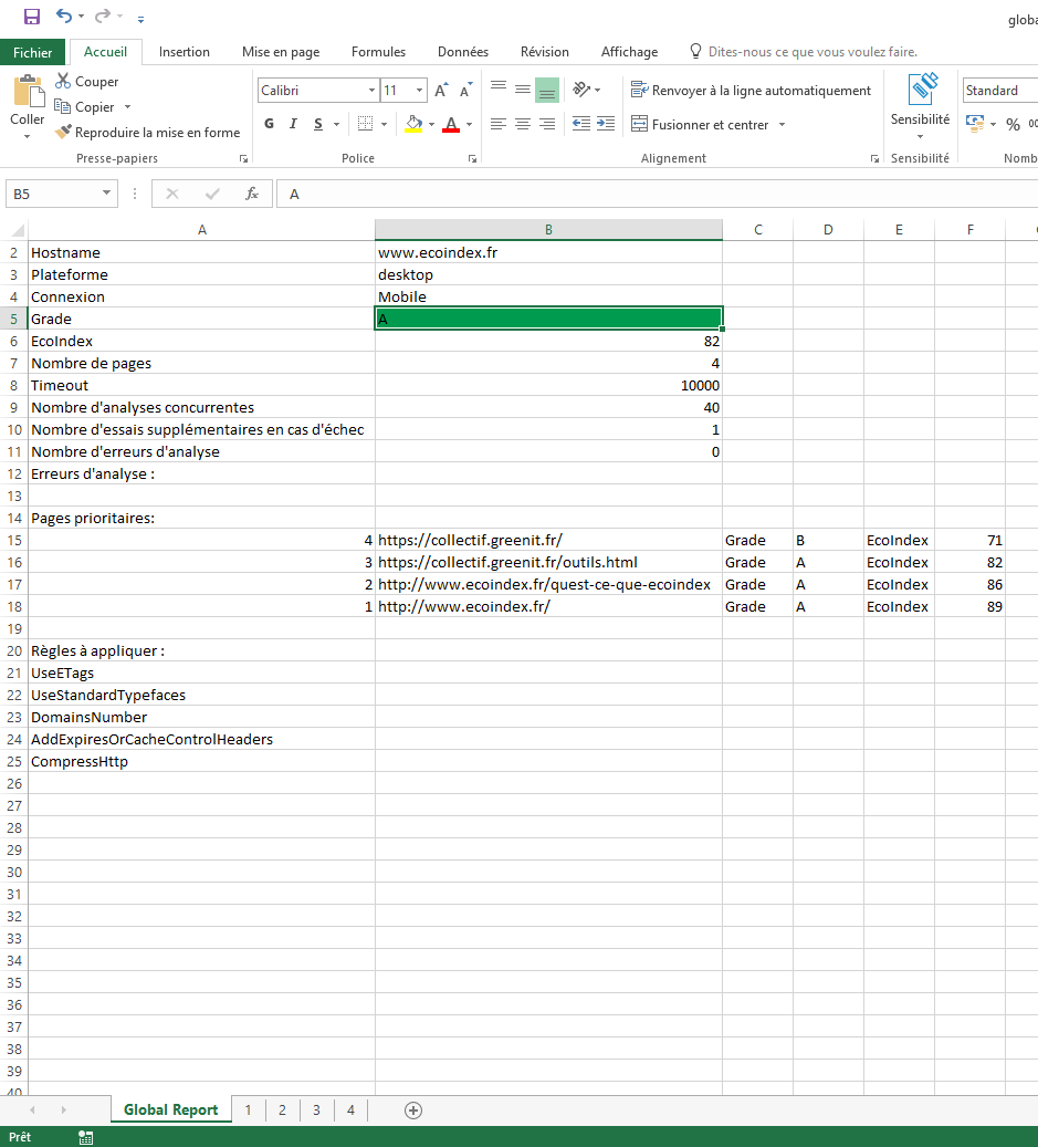 Onglet global du rapport Excel