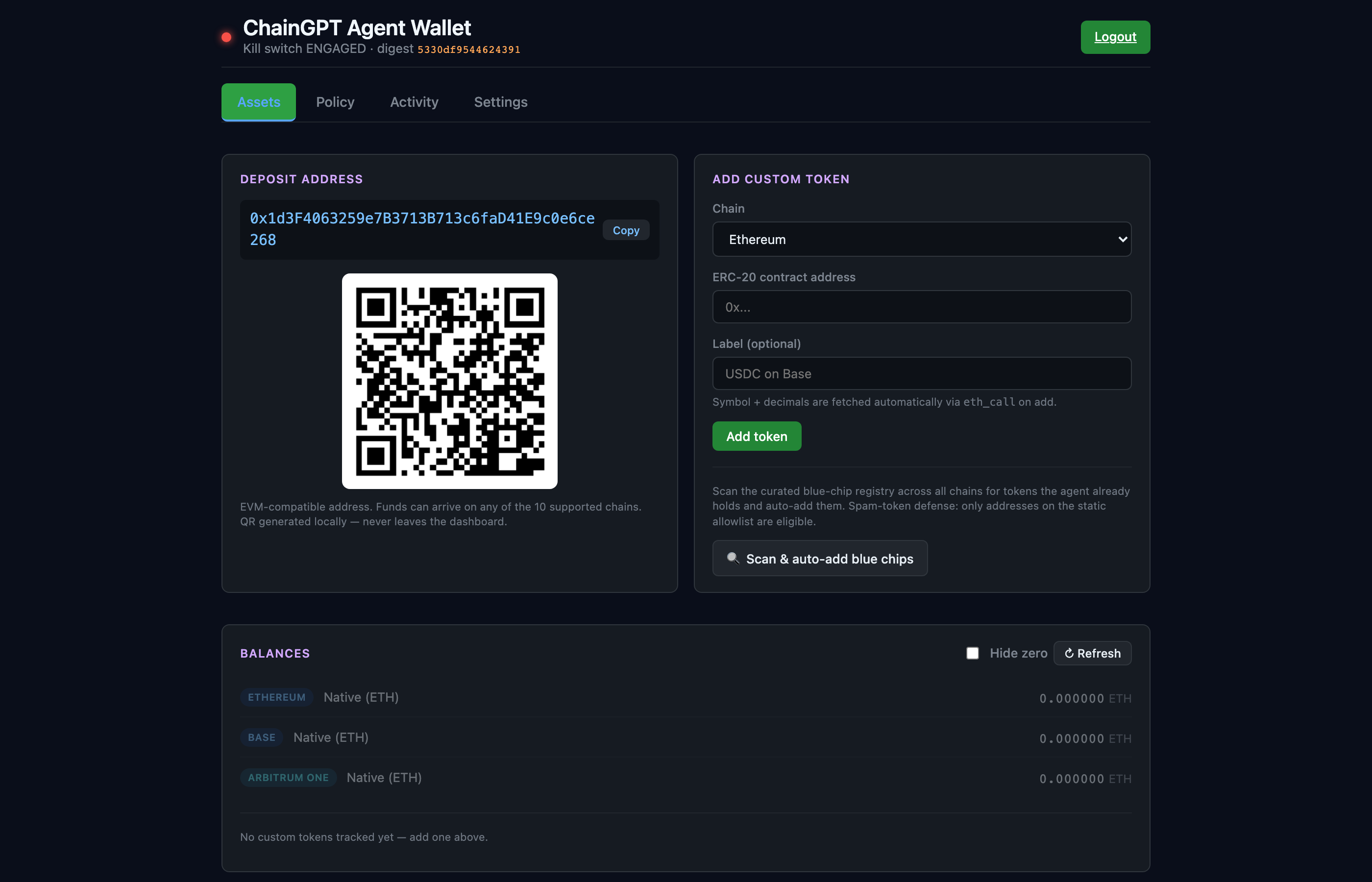 Agent Wallet admin dashboard — Assets tab