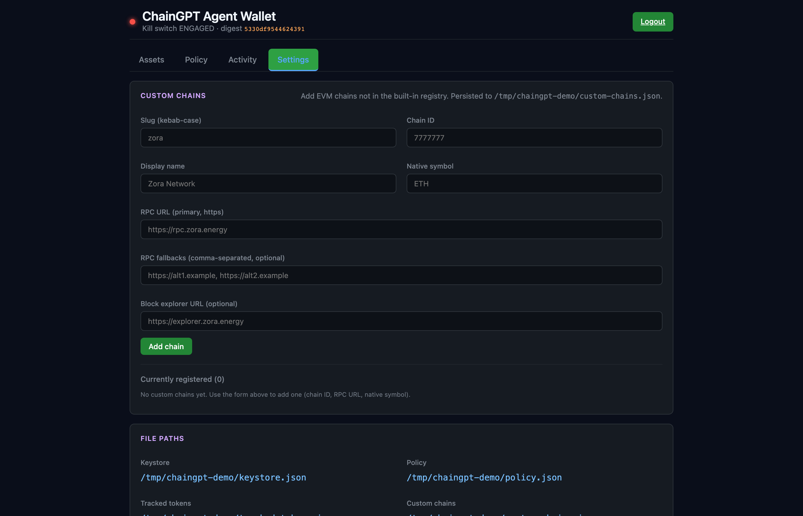 Settings tab — custom EVM chains + file paths