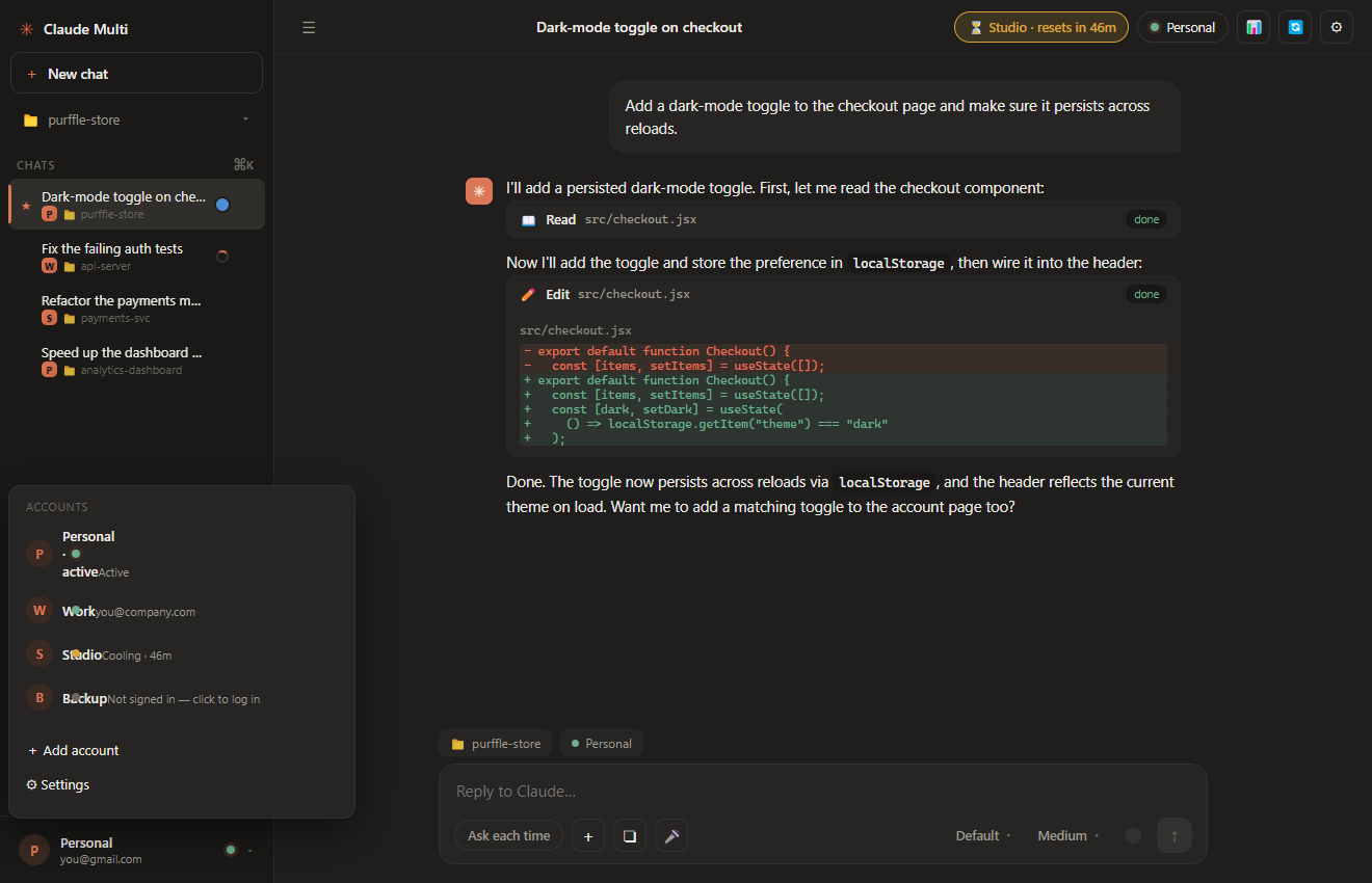 Multi-account switcher with login status and cooldown countdowns