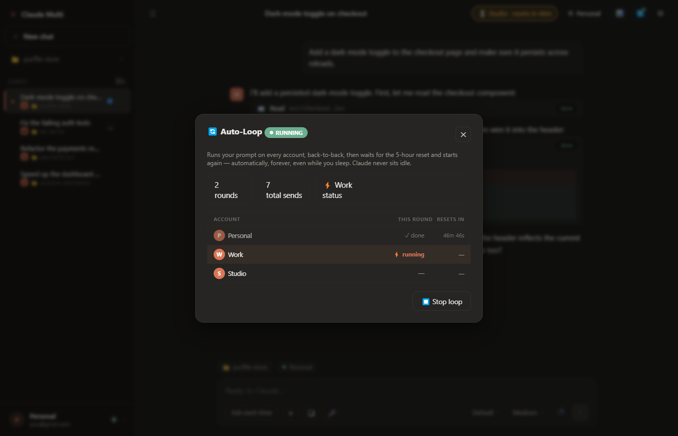 Auto-loop rotating a prompt across every Claude account, round by round