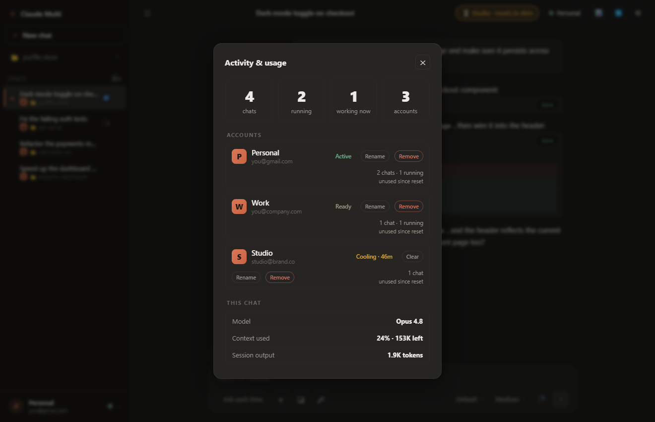 Account usage dashboard with cooldown timers and per-account token totals