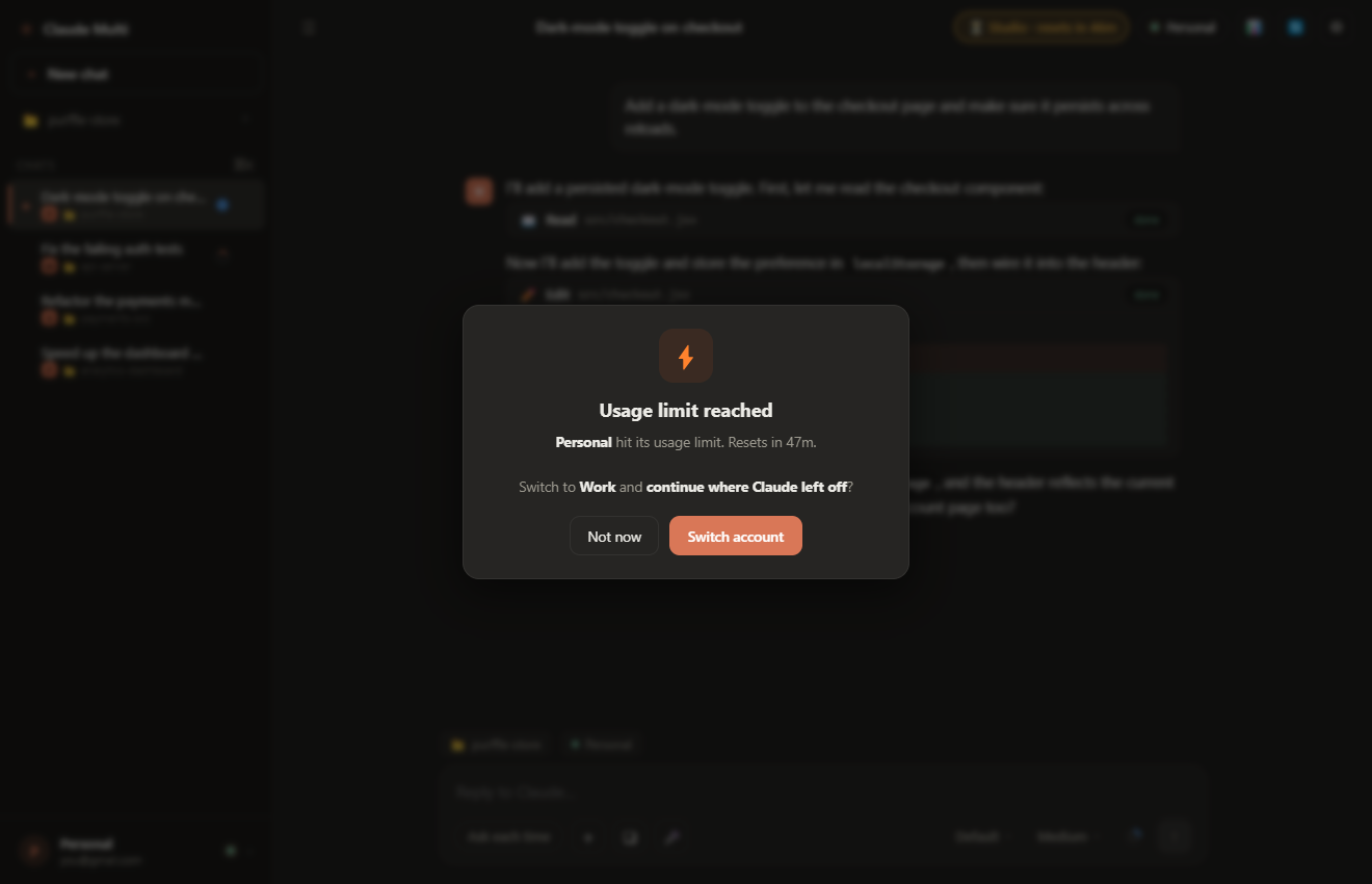 Usage limit reached dialog offering to switch account and continue where Claude left off