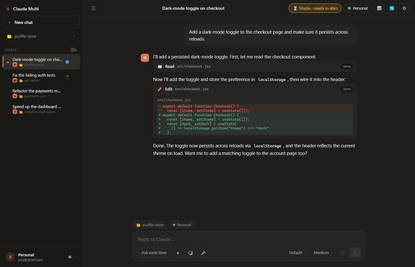 Claude Multi desktop app — multiple Claude accounts, live usage meter, tool cards, parallel chats