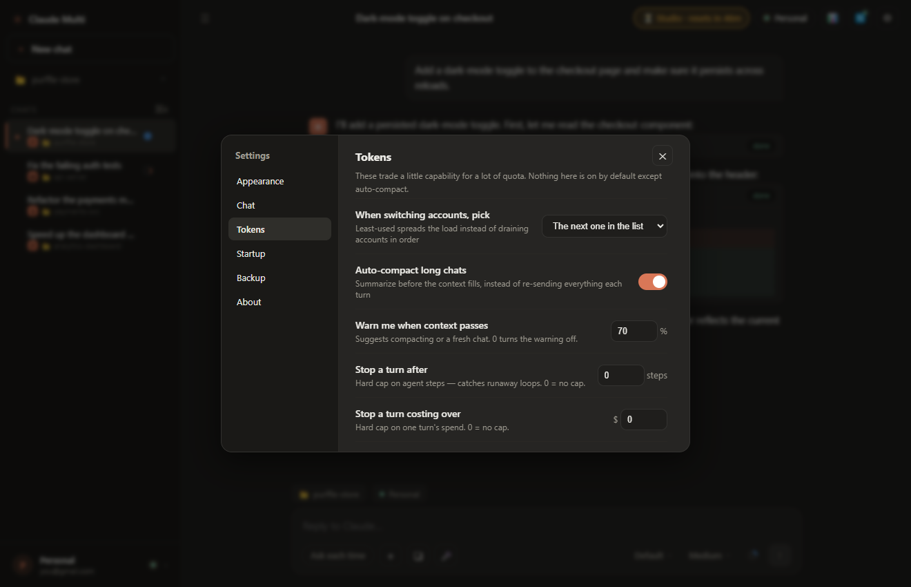 Token-saving settings: auto-compact, context warnings, turn and spend caps