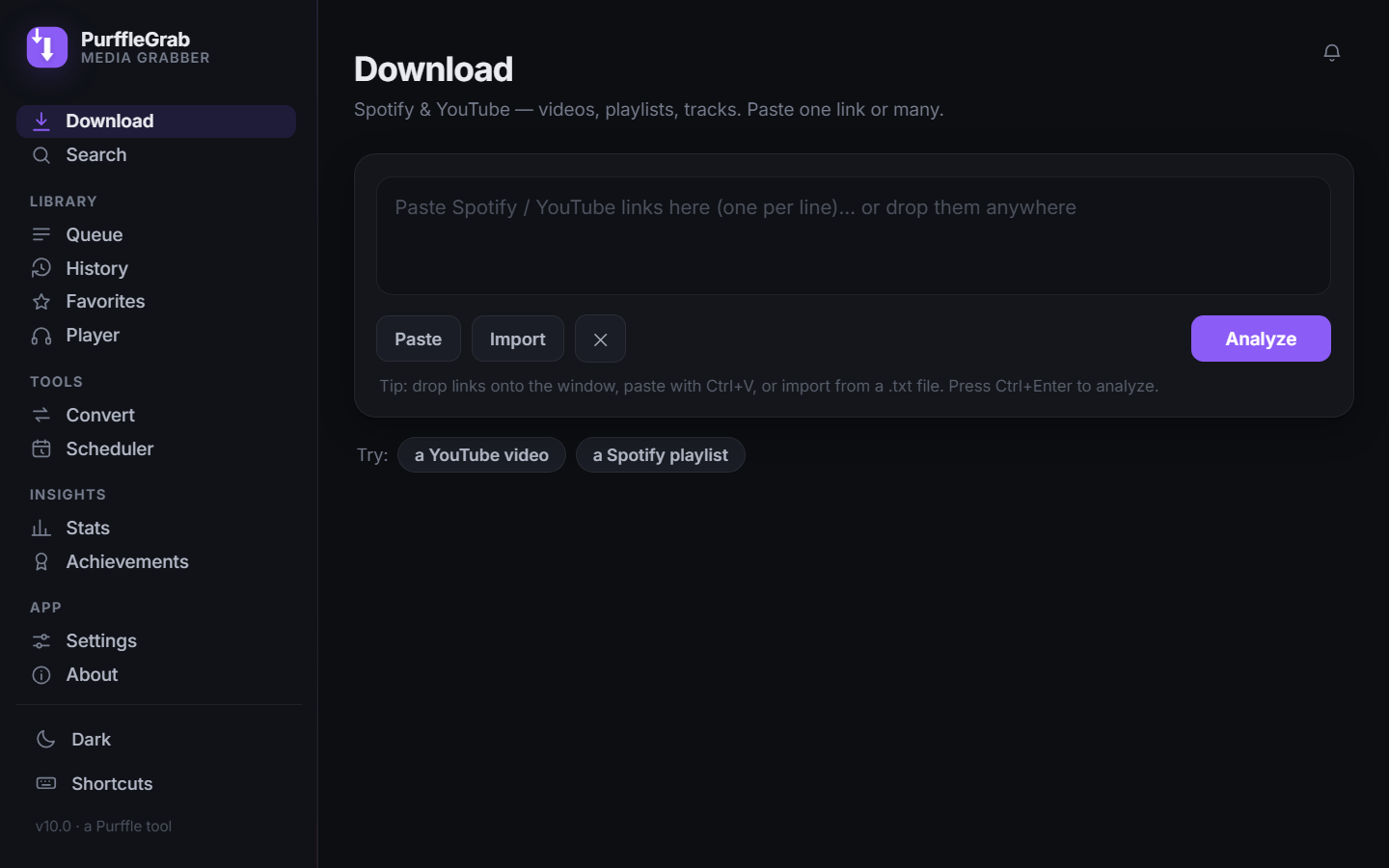 Purffle Grab download interface — free YouTube and Spotify downloader for Windows, Mac, Linux