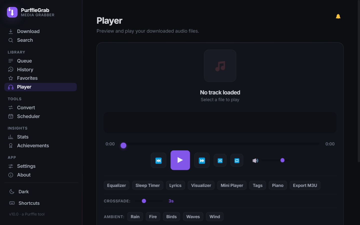 Purffle Grab built-in audio player with visualizer and equalizer