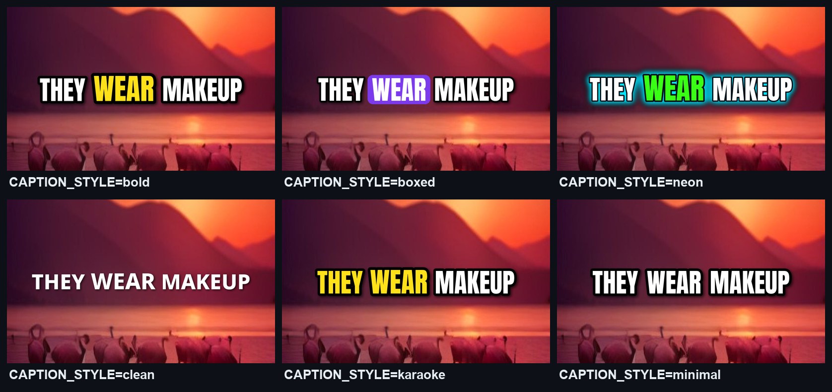 The six PurffleShorts caption styles side by side: bold, boxed, neon, clean, karaoke and minimal
