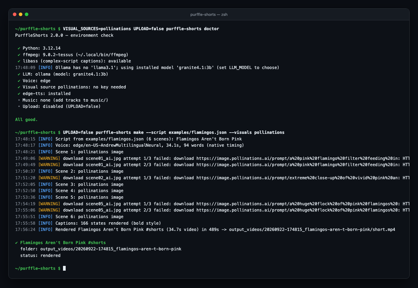 Terminal running purffle-shorts doctor and purffle-shorts make, showing the environment check, the per-scene AI images, the voice with native word timing and the finished render