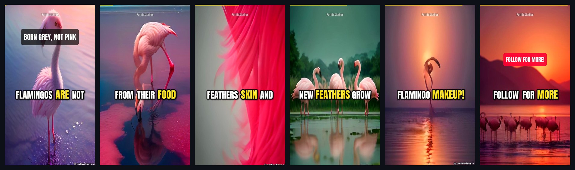 Six frames from a PurffleShorts render about flamingos: hook title, animated captions with the spoken word highlighted in yellow, AI images, progress bar and a follow-for-more call-to-action