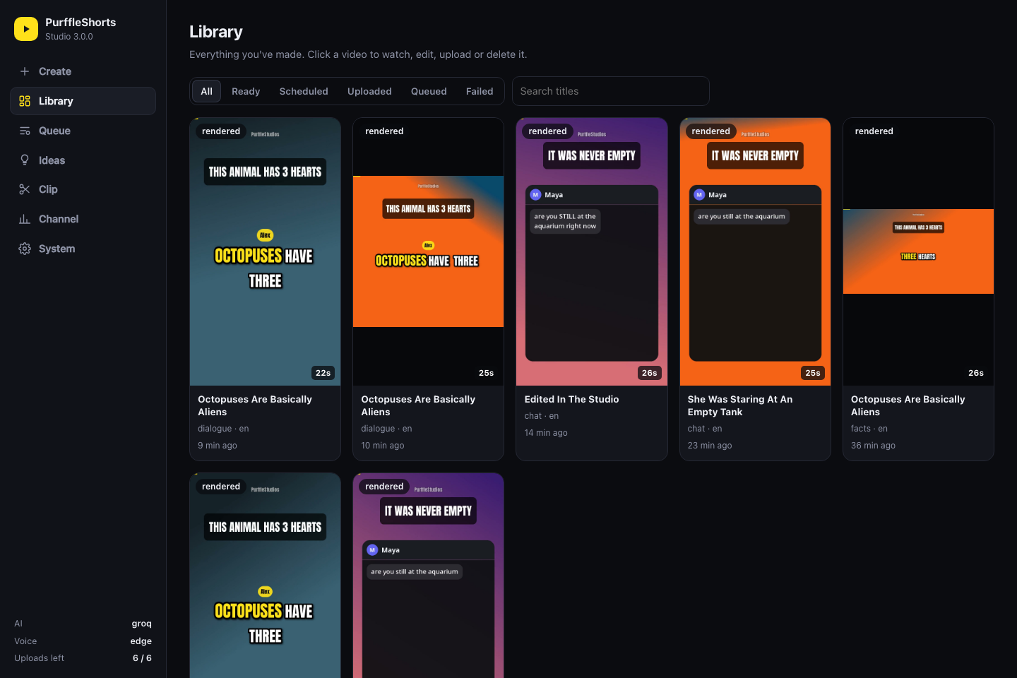 PurffleShorts Studio Library page showing rendered Shorts as thumbnails with status, format, language and duration