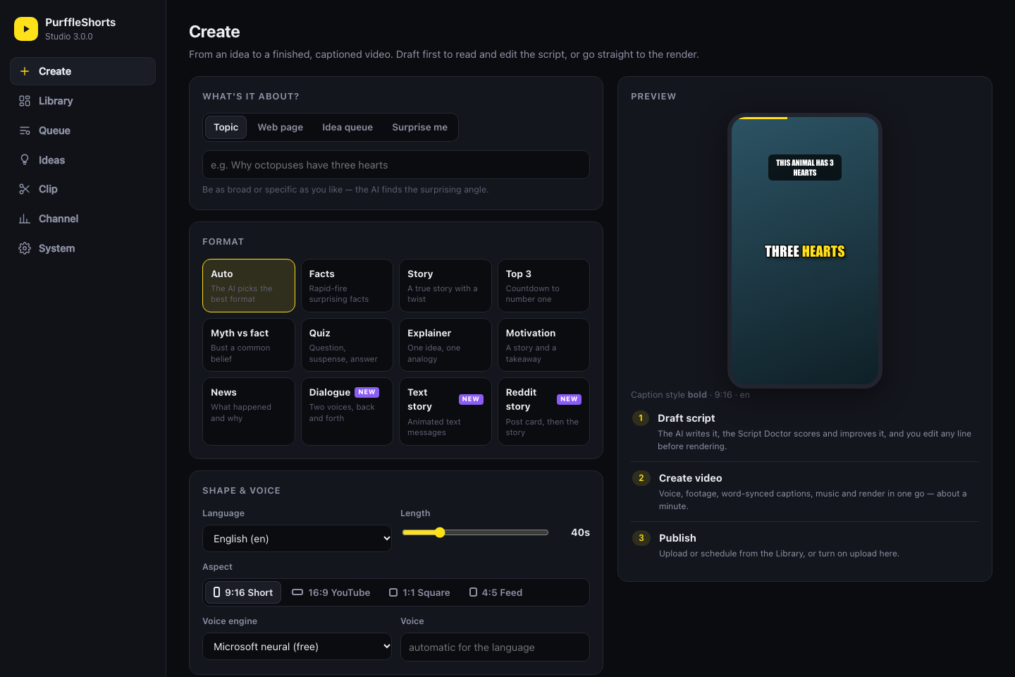 PurffleShorts Studio Create page: topic, web page, idea queue or surprise-me sources, the Auto card and eleven format cards including the new dialogue, text-story and Reddit-story formats, language, length and aspect controls, and a live caption preview