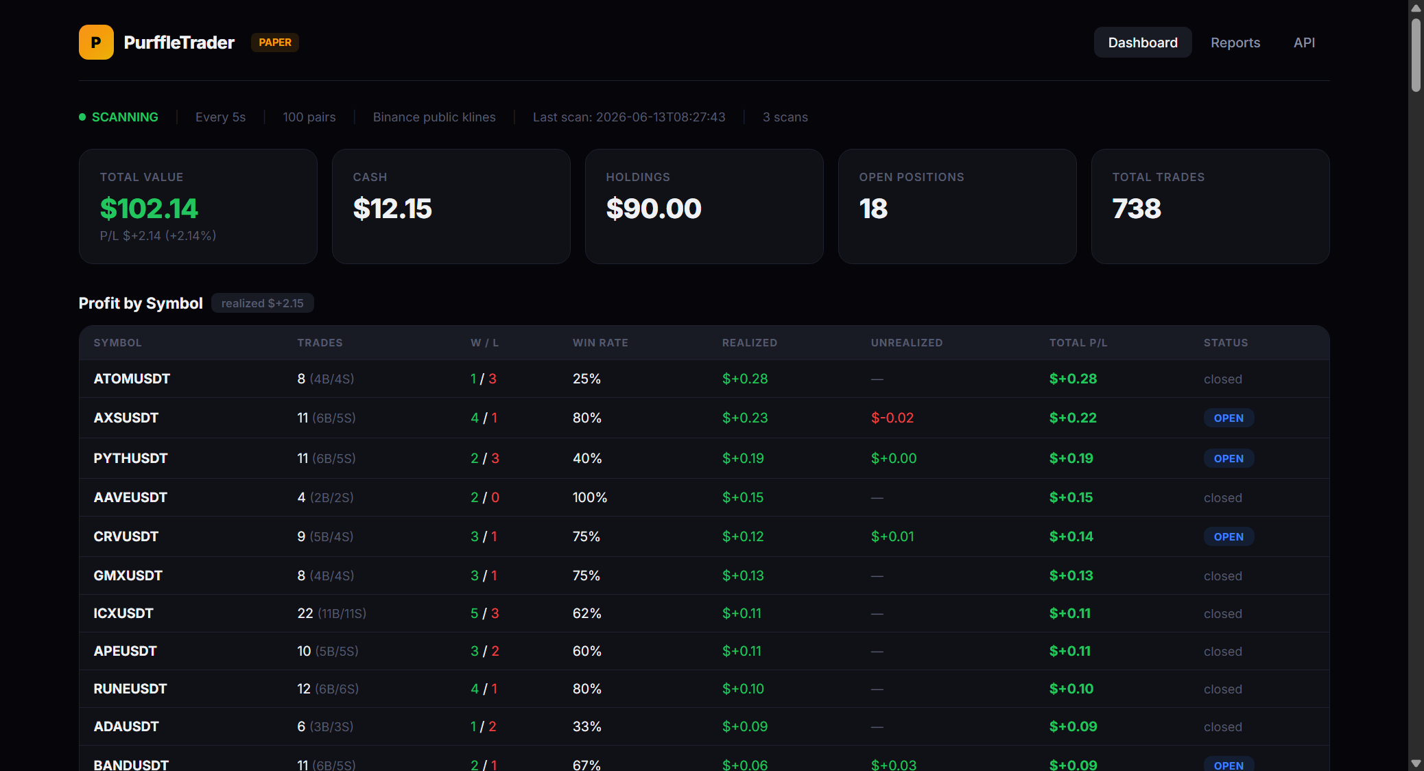 Purffle Trader real-time dashboard — crypto paper-trading bot scanning 100 Binance pairs