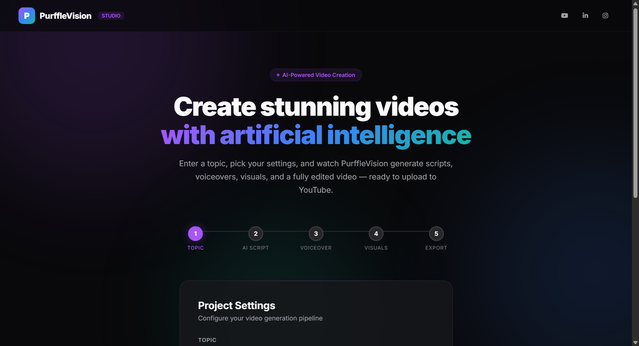 Purffle Vision — AI video generation pipeline, turn any topic into a finished YouTube video