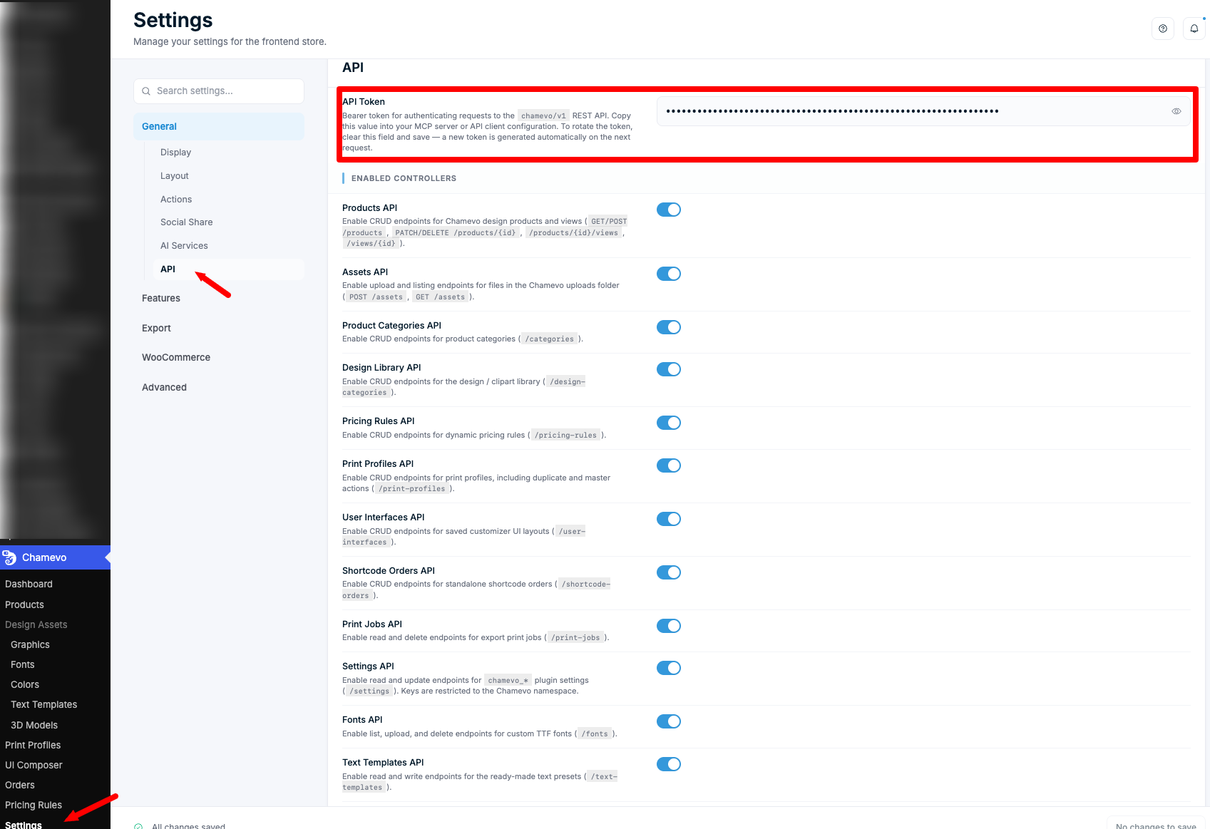 Chamevo Settings → General → API — API Token field